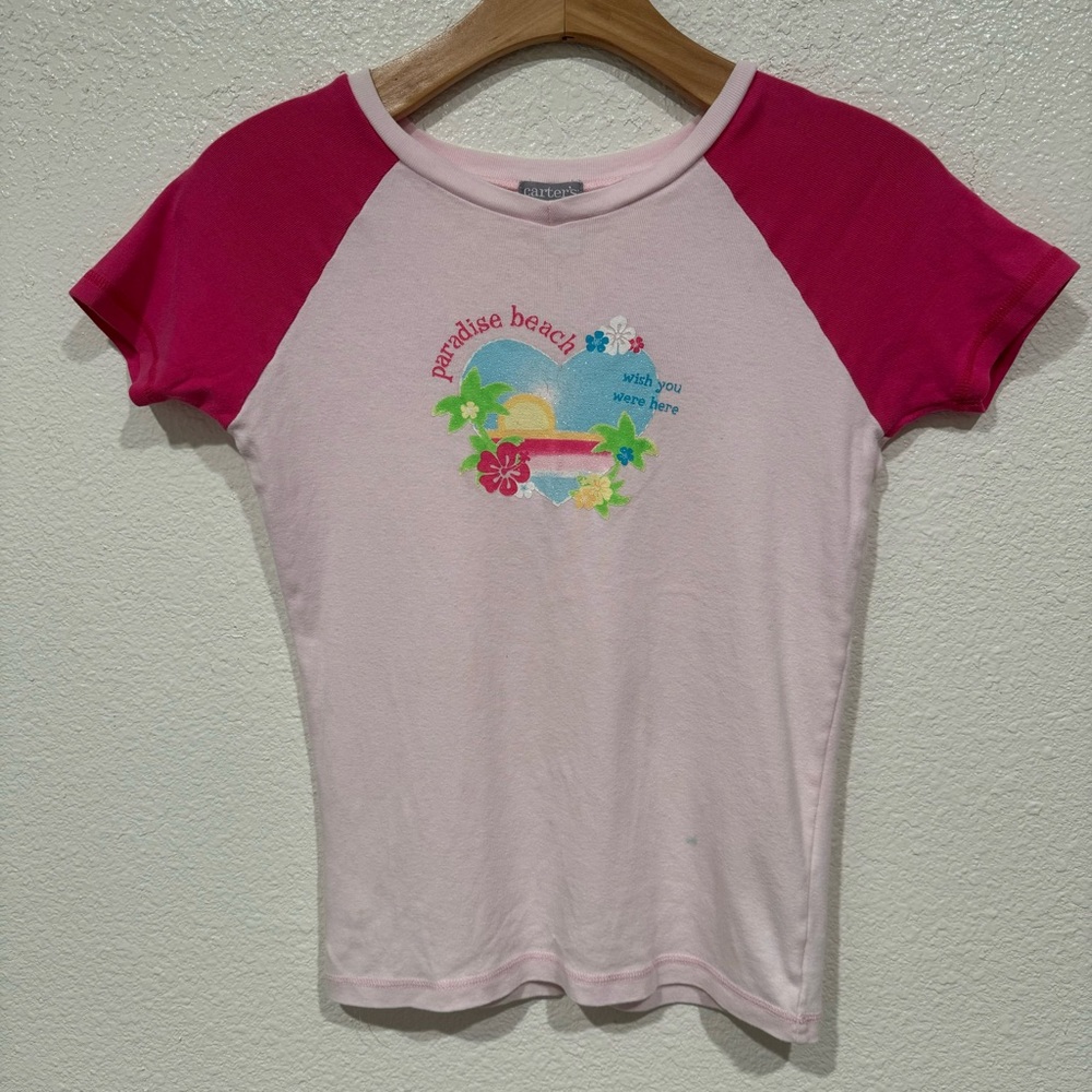 Kids Carter's Girls Pink Blue Paradise Beach Heart Graphic T-Shirt XL 14